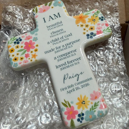 Floral Holy Name Cross Box | Personalized Ceramic Keepsake | Custom Cross Box | Gift For Baptism 684800