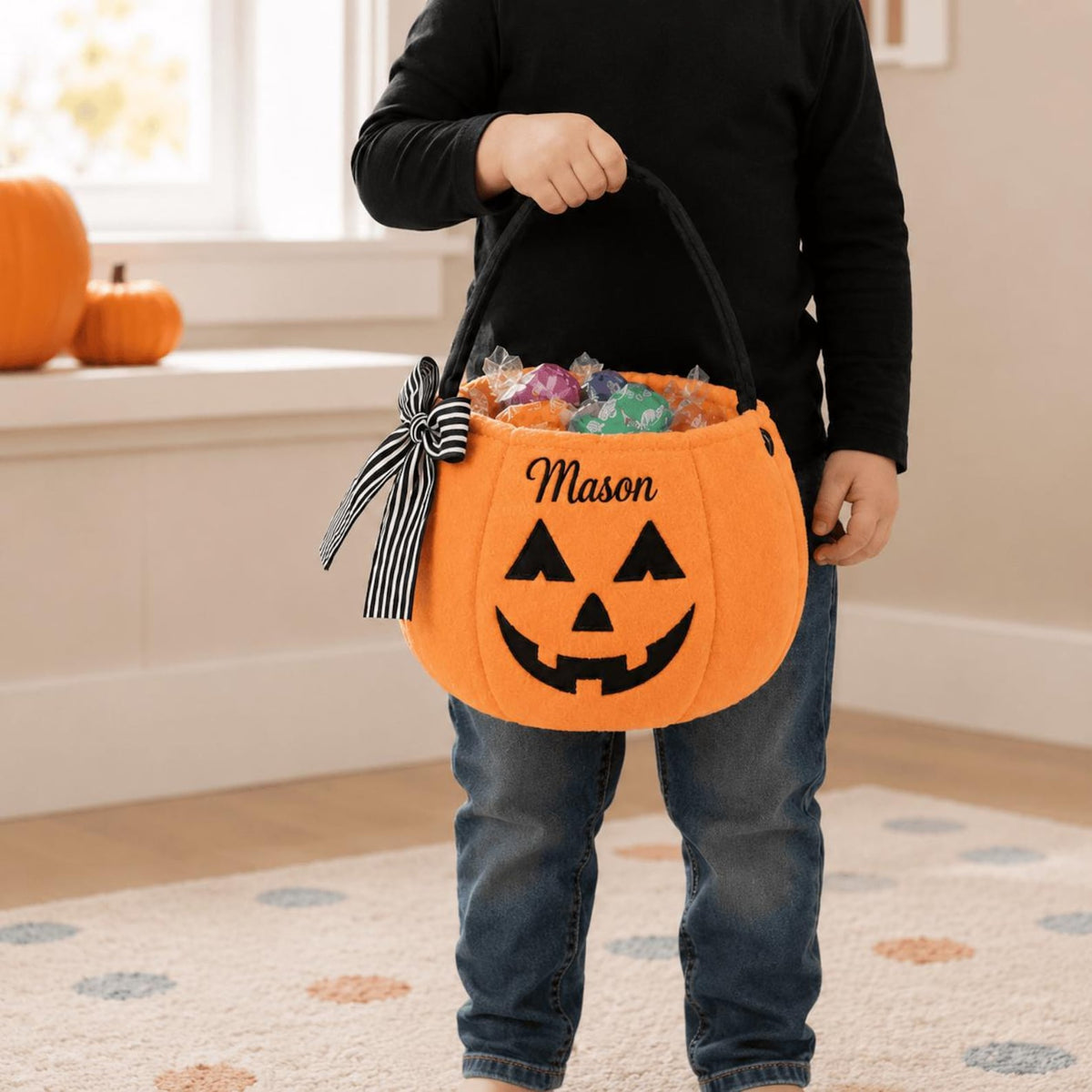 Personalized Halloween Candy Bucket, Custom Embroidered Plush Pumpkin Trick Or Treat Basket 686159 WFD
