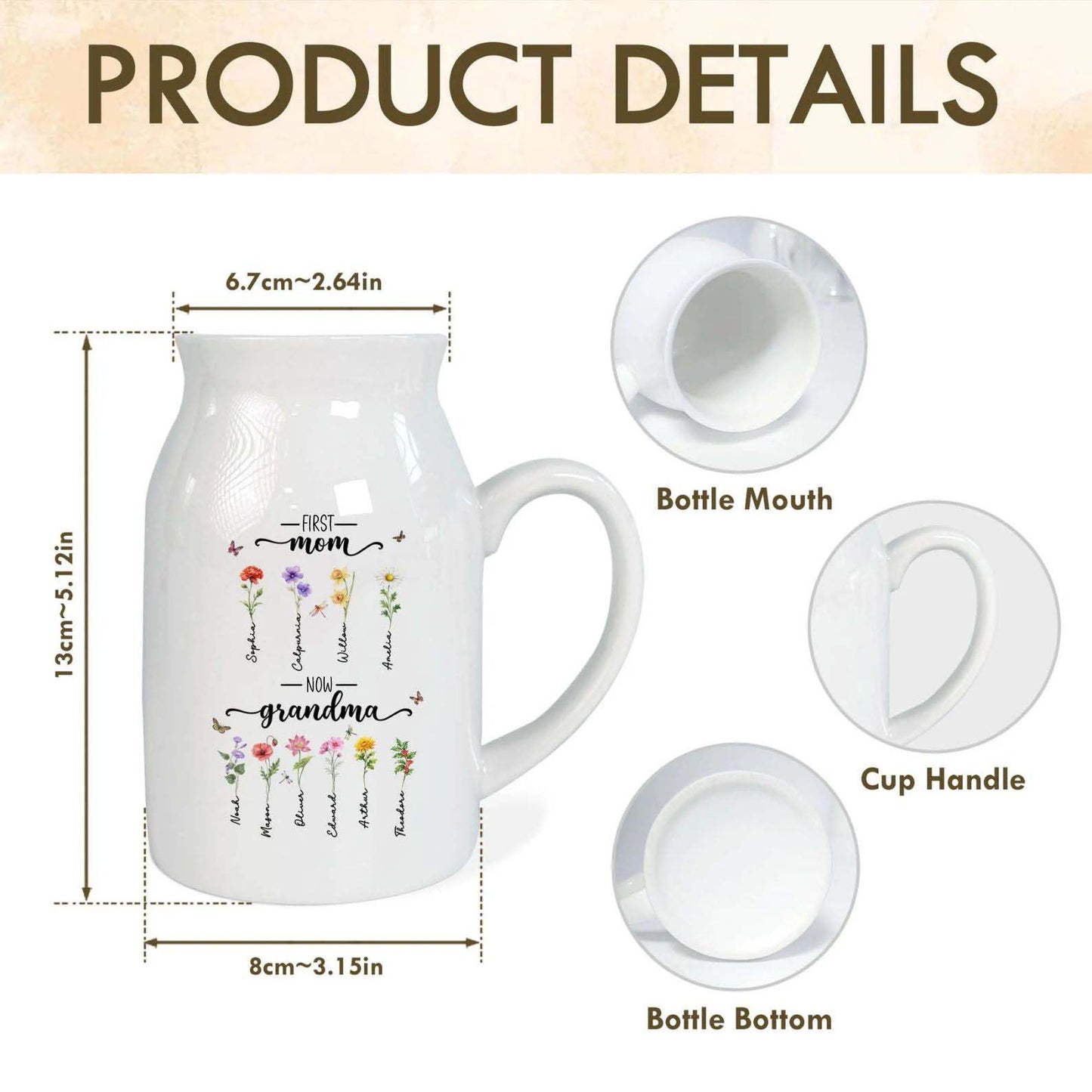 Custom First Mom Now Grandma Ceramic Flower Vase | Personalized Ceramic Vase | Custom Birth Month Flower Vase 684737