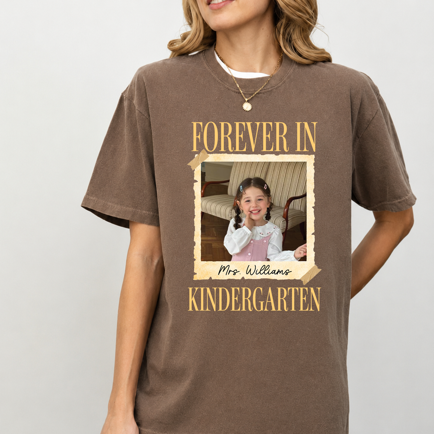 Personalized Forever In Kindergarten Comfort Colors Shirt, Custom Childhood Photo Teacher Tee, Back To School Gift 685735