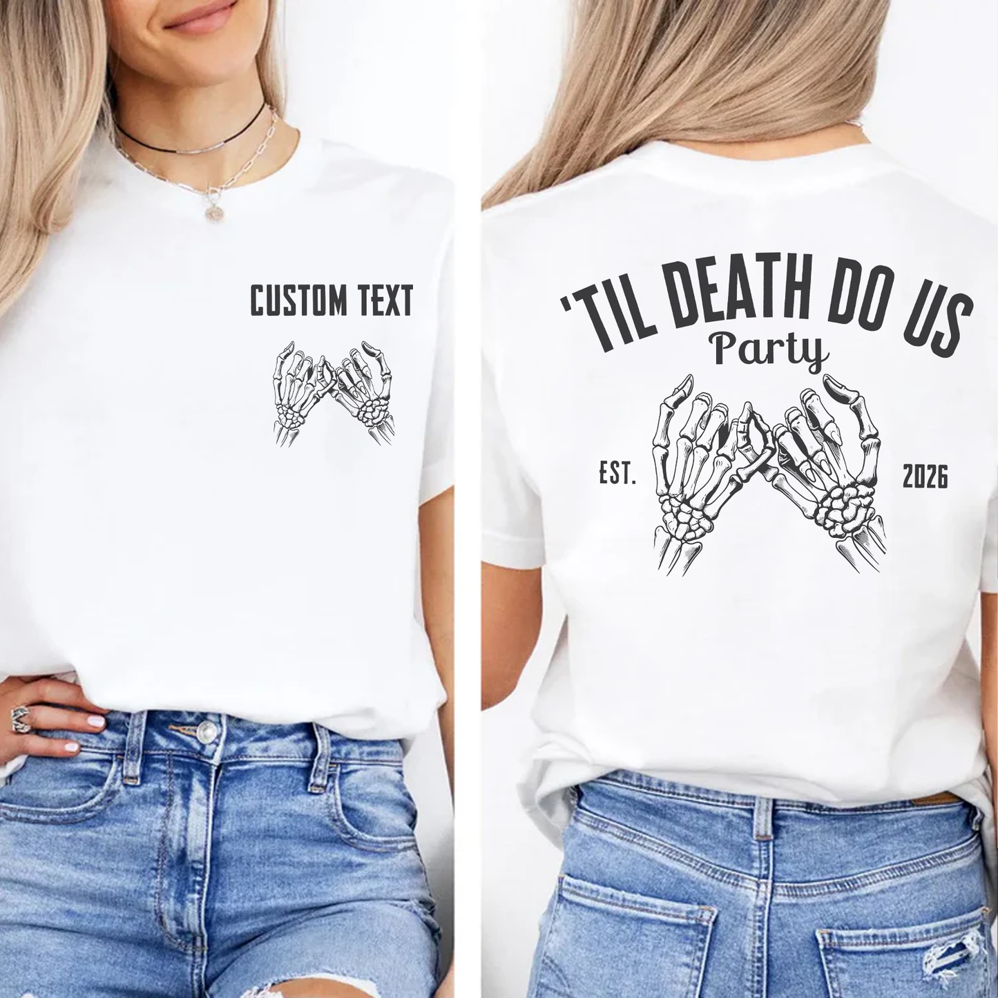 Personalized Bride Or Die Pocket & Back Bright Shirt, Funny Halloween Party Tee, Spooky Skeleton Hands Shirt 685667