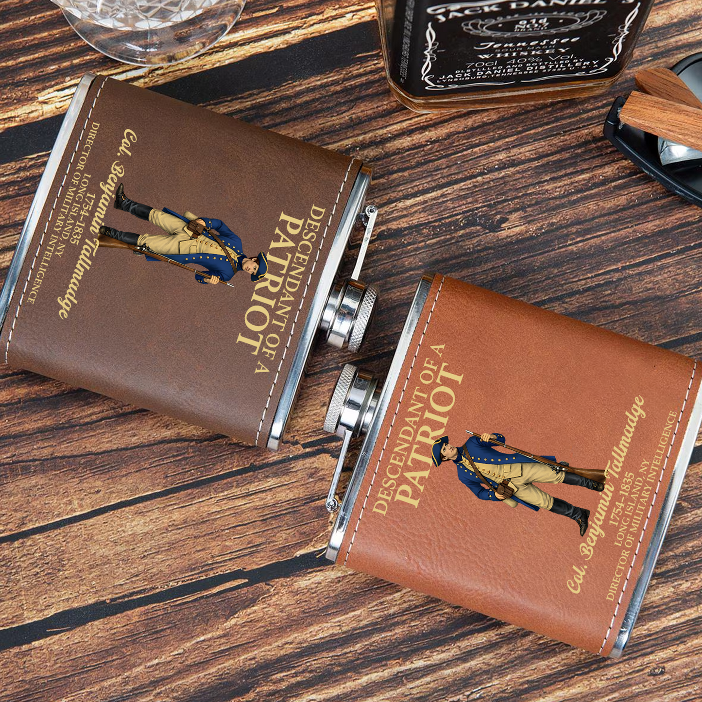 Descendant Of A Patriot Flask, Personalized Leather Flask, 250 Years Of America Gift 684596