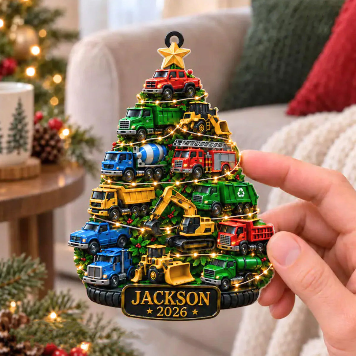 Personalized Kids Construction Truck Christmas Acrylic Ornament, Custom Name Xmas Tree Hanging Ornament 686755 WFD