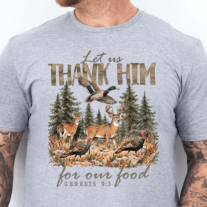 Vintage Let Us Thank Him For Our Food Shirt, Bible Verse Hunter Thanksgiving Tee 686746