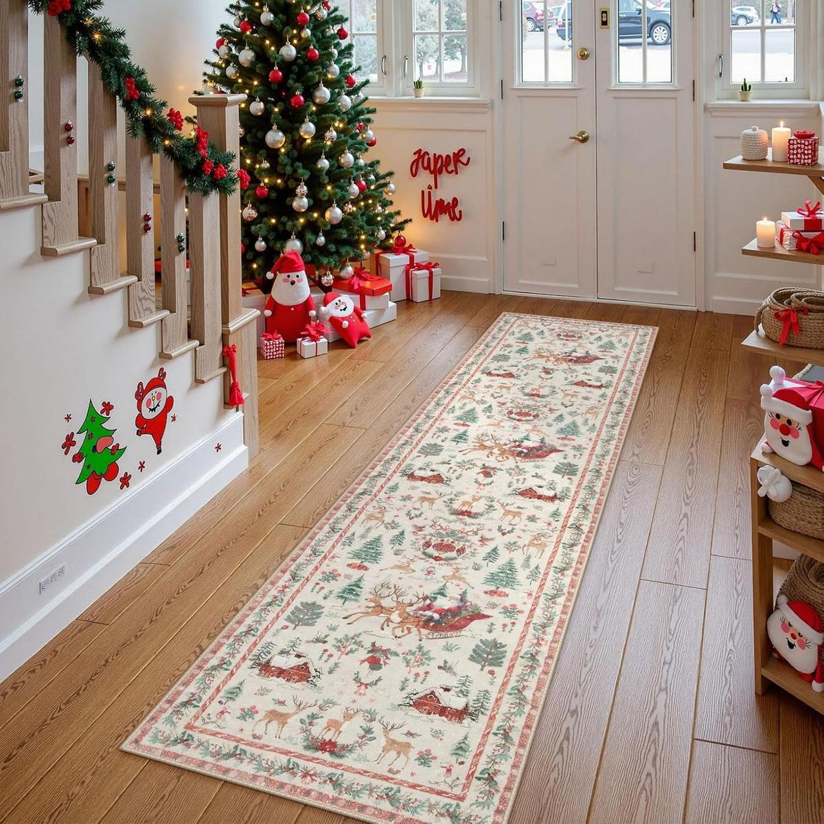 Traditional Santa & Reindeer Christmas Runner Rug - Festive Holiday Welcome Mat 686515 WFD
