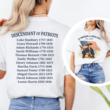 Descendant Of A Patriots Front & Back Shirt | Personalized 250 Years Anniversary Shirt | Patriotic 1776–2026 Tee 684700
