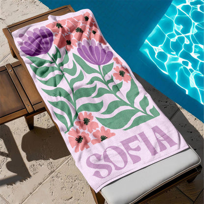 Personalized Retro Beach Towel With Name, Groovy Vibes Beach, Retro Floral Towel 684830