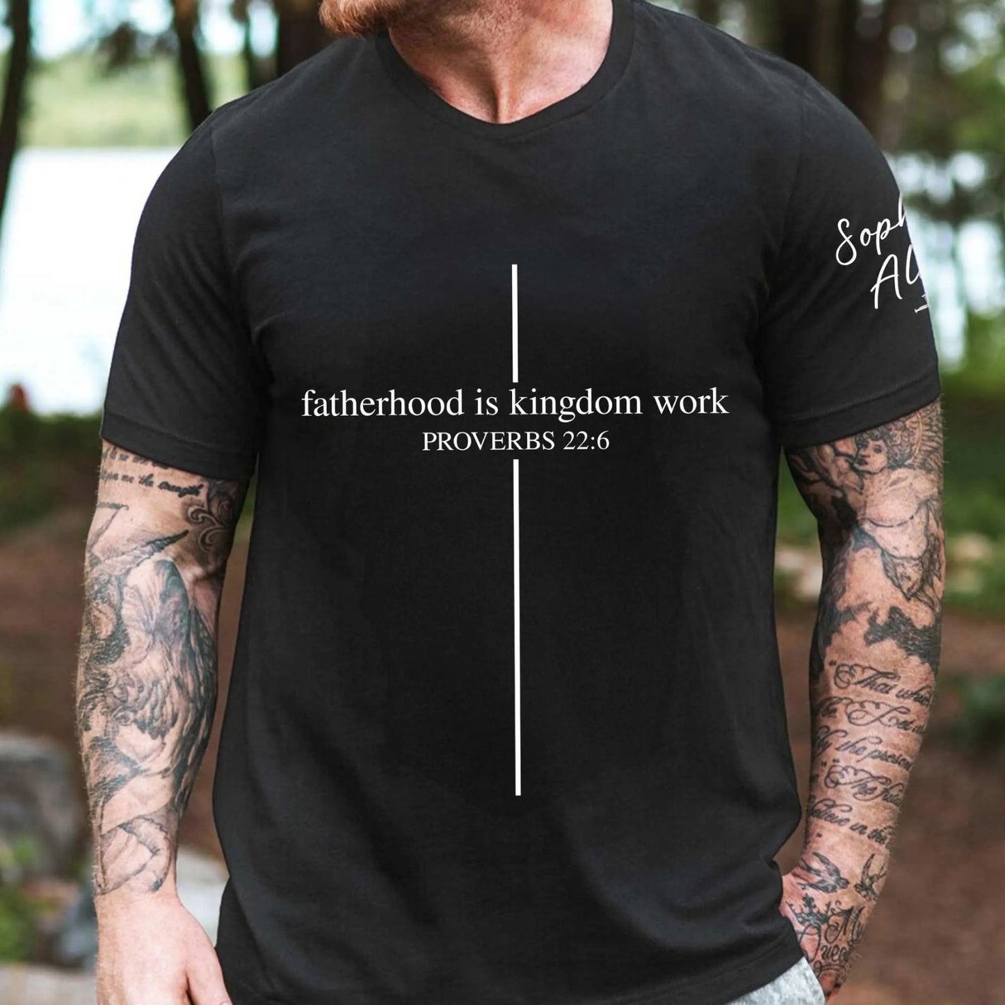 Fatherhood Is Kingdom Work | Personalized Father's Day Shirt | Custom Name Front & Sleeve Shirt 685067