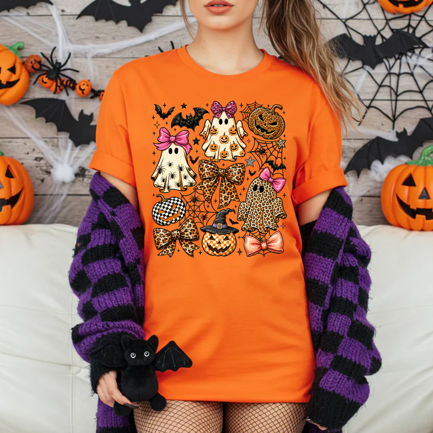 Coquette Leopard Pumpkin Ghost Bright Shirt, Retro Halloween Girly Ghost Tee 685659