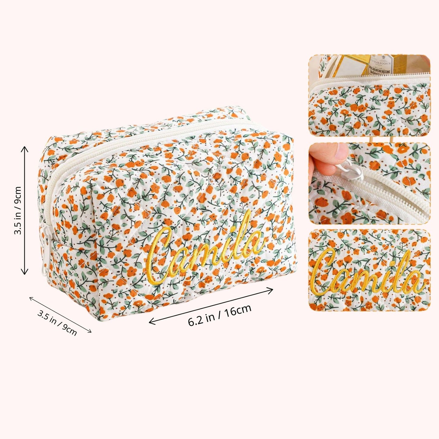 Personalized Embroidered Makeup Bag | Custom Floral Cosmetic Bag | Travel Makeup Pouch 683744