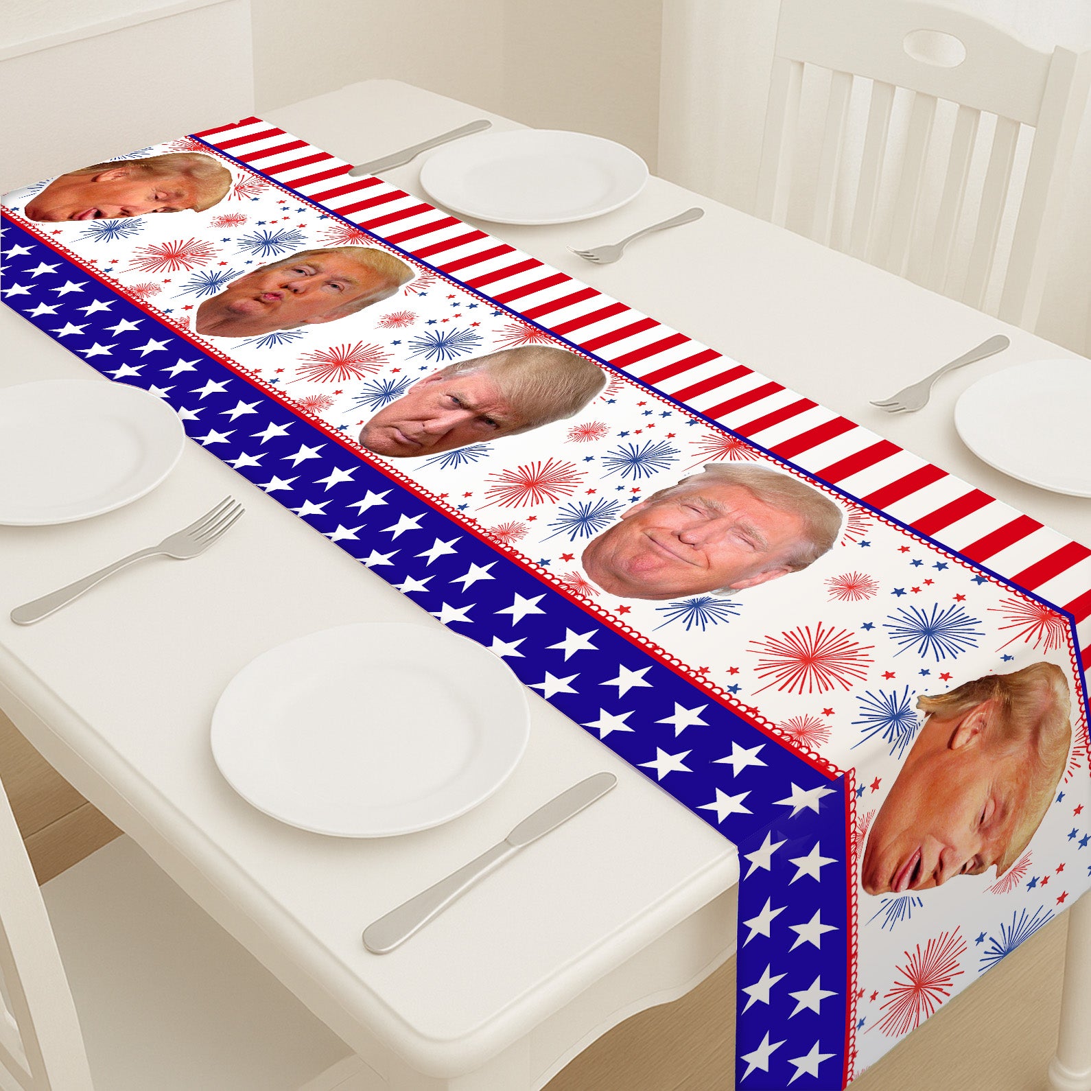 Trump Face Fireworks Table Runner | Personalized Trump President 4th Of July | Independence Day Table Runner For Kitchen 682332