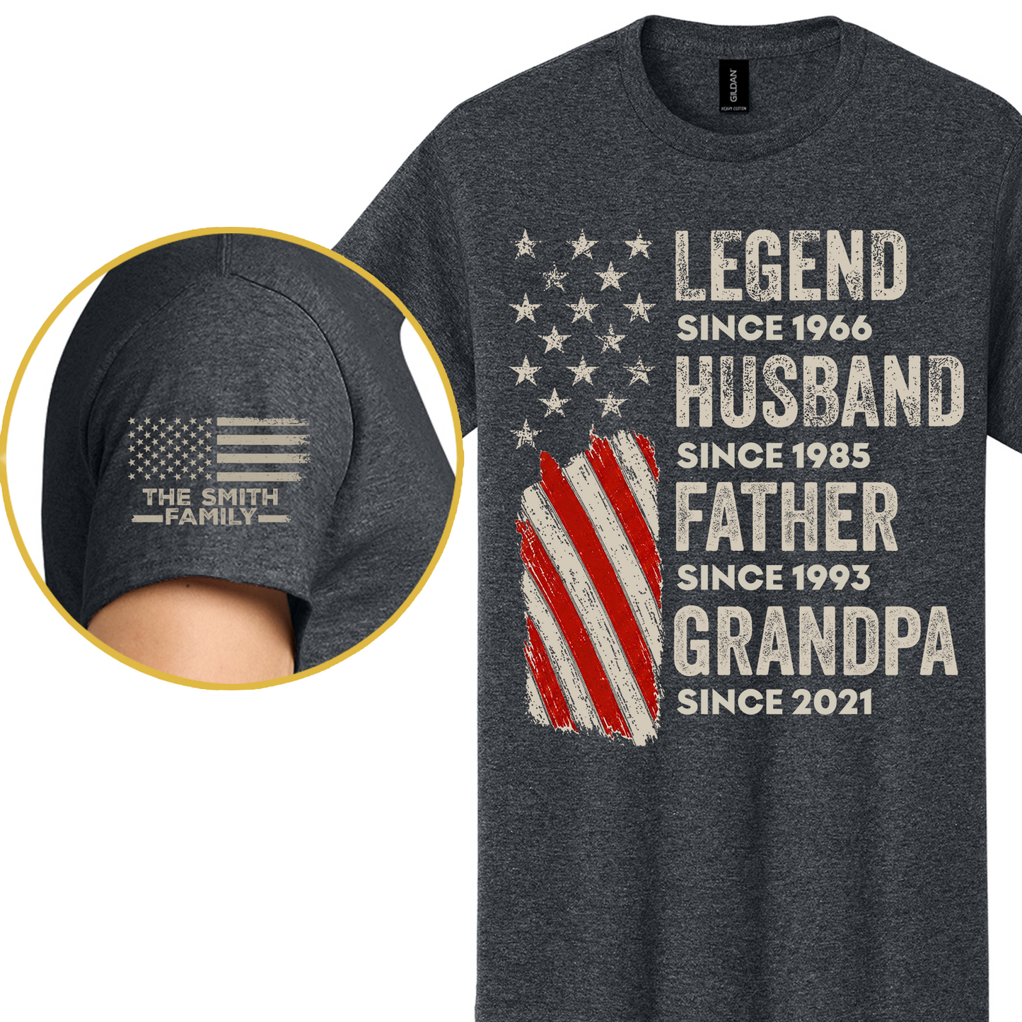 Custom Legend Husband Father Grandpa American Flag T-Shirt - Personalized Years & Family Name Sleeve Shirt - Father's Day Gift 685017