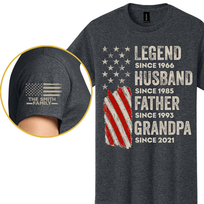 Custom Legend Husband Father Grandpa American Flag T-Shirt - Personalized Years & Family Name Sleeve Shirt - Father's Day Gift 685017