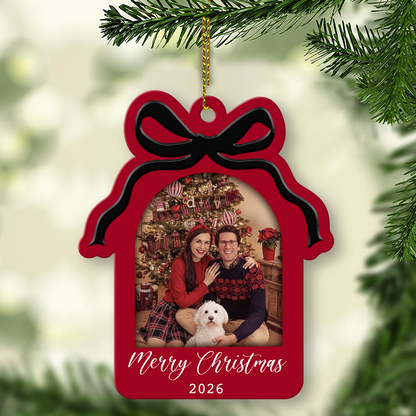 Custom Photo Bow Frame Wooden Ornament, Personalized Christmas Ornament, Gift For Family 686018