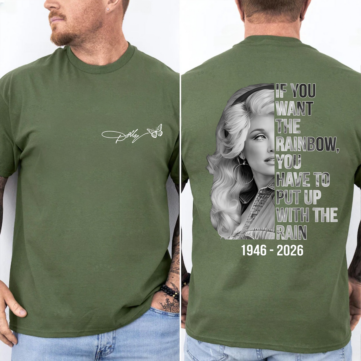 "If You Want The Rainbow" Dolly Parton Memorial Pocket & Back Dark Shirt, Country Music Tribute Tee, Butterfly Signature Graphic Shirt 686069