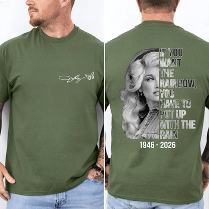 "If You Want The Rainbow" Dolly Parton Memorial Pocket & Back Dark Shirt, Country Music Tribute Tee, Butterfly Signature Graphic Shirt 686069