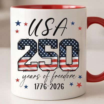 USA 250 Years Of Freedom Mug | Patriotic 4th Of July Coffee Cup | Independence Day White Mug Accent Mug 684774