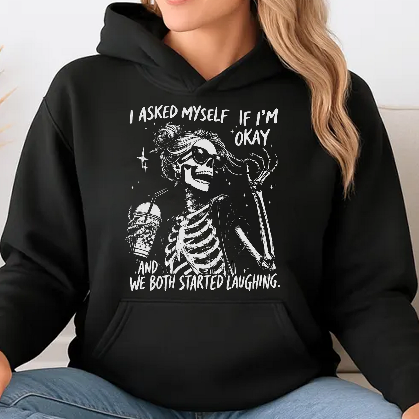 I Asked Myself If I'm Okay Dark Shirt, Funny Skeleton Graphic Tee, Vintage Gift For Halloween 685629