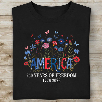 USA 250th Anniversary Floral Dark Shirt | Patriotic 4th Of July 1776–2026 Wildflower Shirt 684846