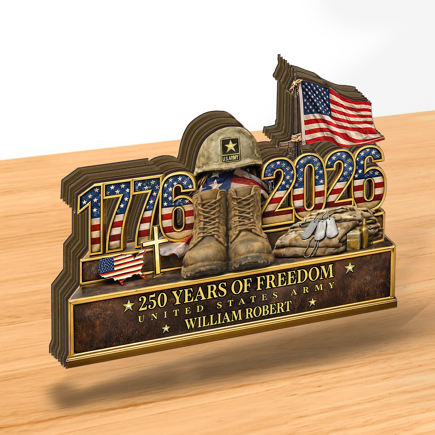 America 250 Years Of Freedom Veteran Tribute Wooden Block | Personalized Wooden Decor | Patriotic 4th Of July Wood Display 685050