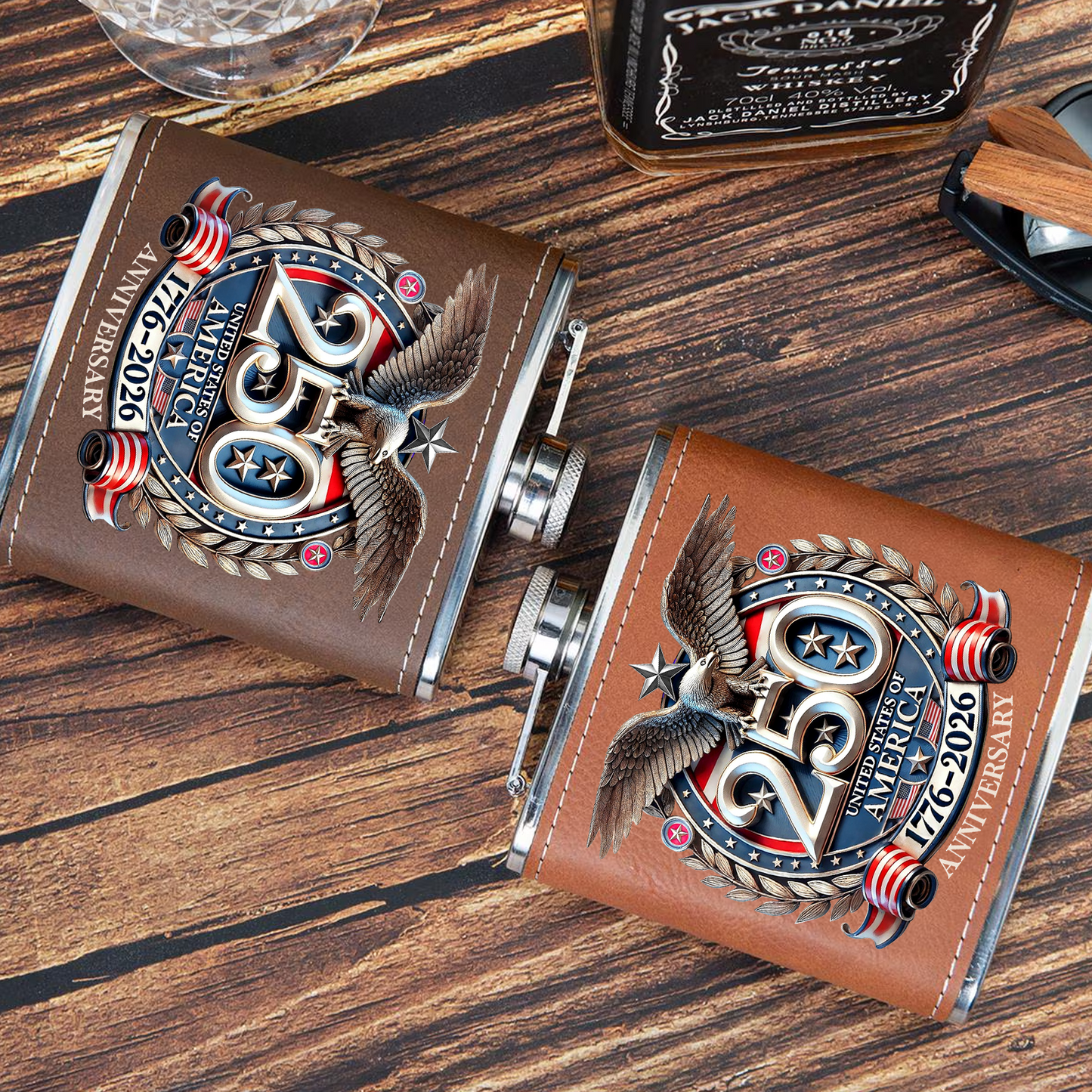 250 Years USA Anniversary Flask, Personalized Leather Flask, 250 Years of America Gift 684598