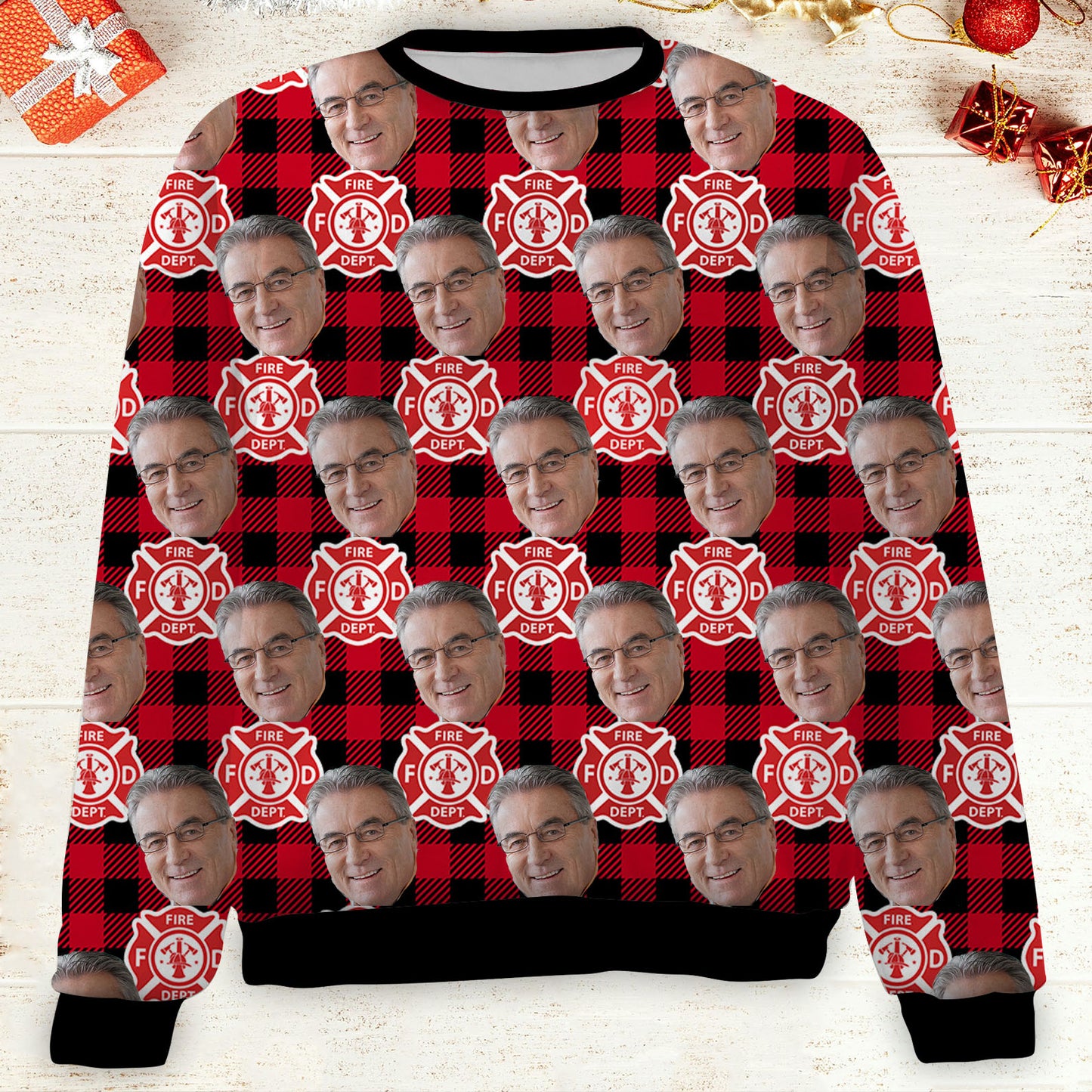 Custom Face Christmas Sweatshirt, Personalized Photo Firefighter Theme Sweater, Christmas All-Over-Printed Sweatshirt 682647