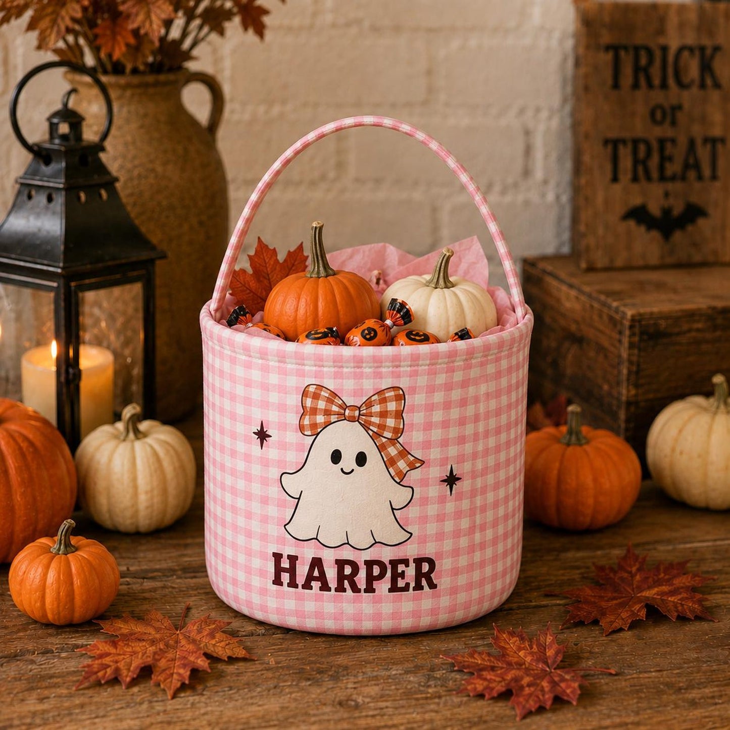 Personalized Halloween Basket For Kids, Custom Name Trick Or Treat Bucket, Embroidered Gingham Candy Bucket 686181 WFD