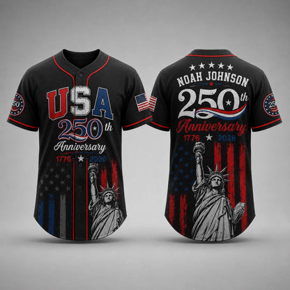 Black USA 250th Anniversary Baseball Jersey, Personalized 1776-2026 Jersey, Patriotic 4th Of July Shirt 685244