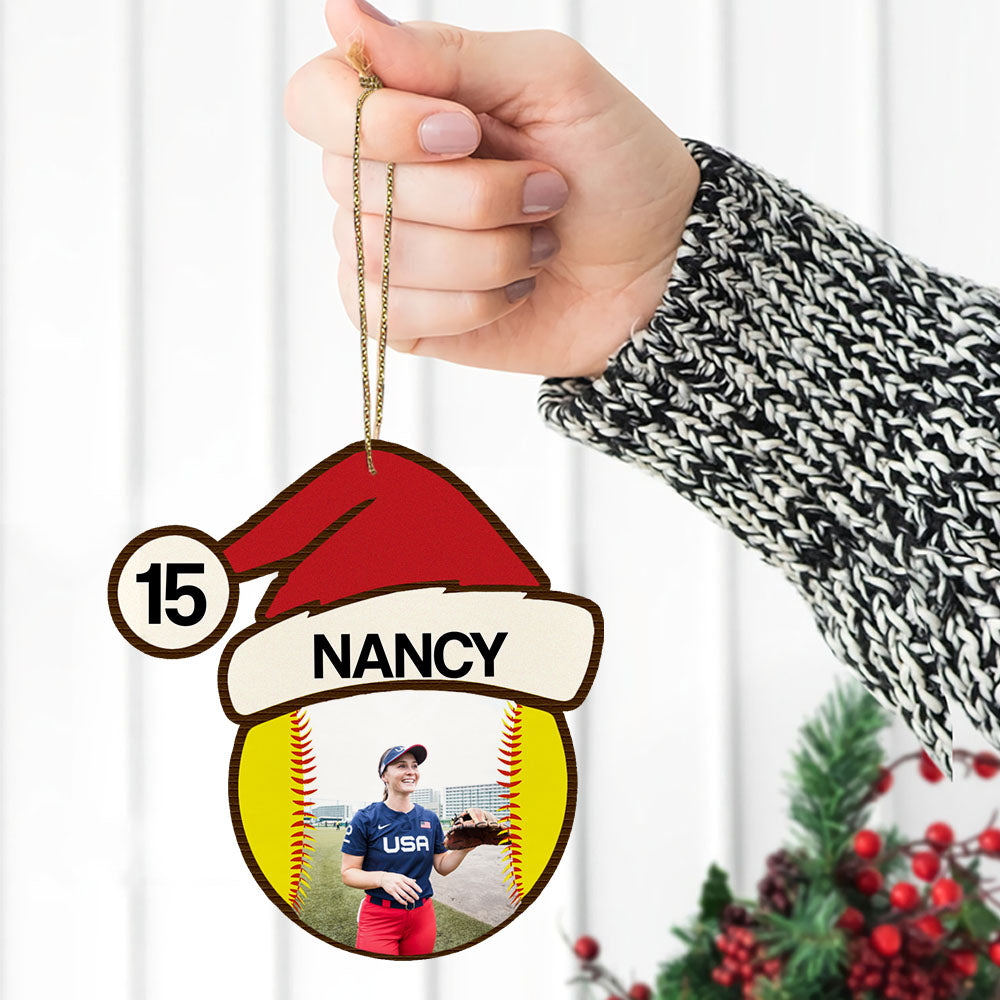 Softball Santa Hat Wooden Ornament | Wooden 1 Layer Ornament for Christmas 682724