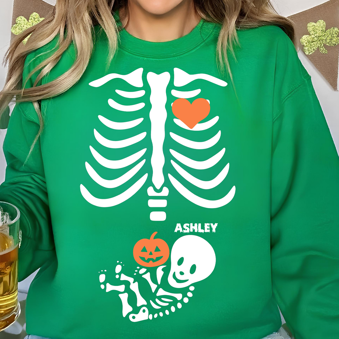 Personalized Skeleton Maternity Dark Sweater Large Print | Custom Name Skeleton Tee | Cute Baby Bump Halloween Gift 685918
