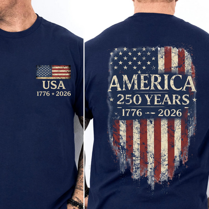 America 250 Years Anniversary Pocket & Back Dark Shirt, Patriotic 4th Of July Tee, Vintage Semiquincentennial Gift 685179