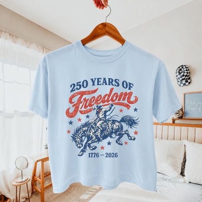 Retro 250 Years Of Freedom Crop Top, America 1776-2026 Cowgirl Shirt, Patriotic Fourth Of July Tee 685283