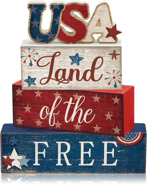 4 Pcs 4Th of July Patriotic Table Decoration Independence Day Tiered Tray Decorations Wood Block USA Rustic Patriotic Sign Memorial Day Decorations Farmhouse Gifts for Home Table Veterans