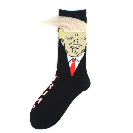 Spoof Funny President Donald Trump Socks with 3D Fake Hair Crew Socks Mens Compression Socks Streetwear Hip Hop
