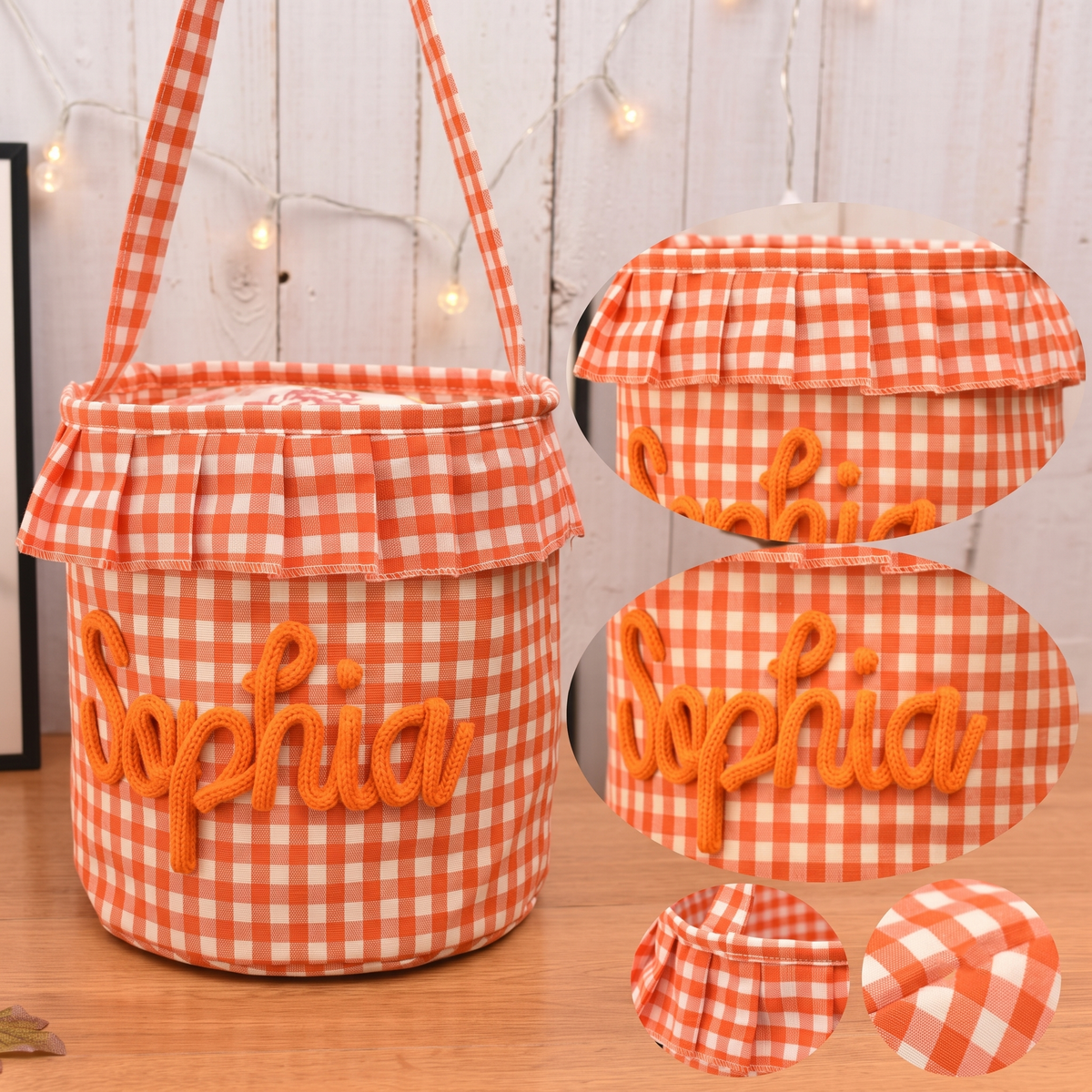 Personalized Halloween Candy Basket For Kids, Custom Name Trick Or Treat Bucket, Embroidered Gingham Bucket 685717 WFD