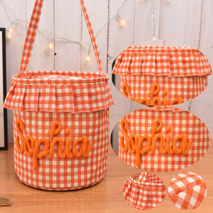 Personalized Halloween Candy Basket For Kids, Custom Name Trick Or Treat Bucket, Embroidered Gingham Bucket 685717 WFD