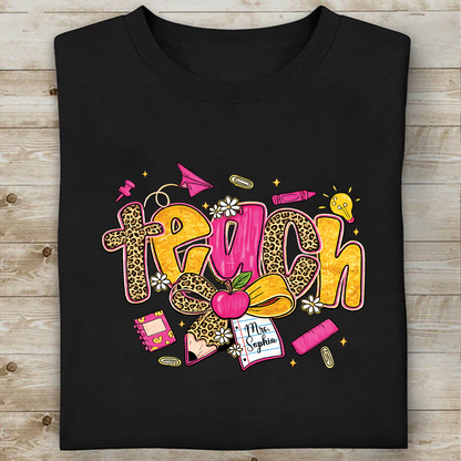 Custom Name Leopard Coquette Bow Dark Shirt, Personalized Back To School Gift 685569