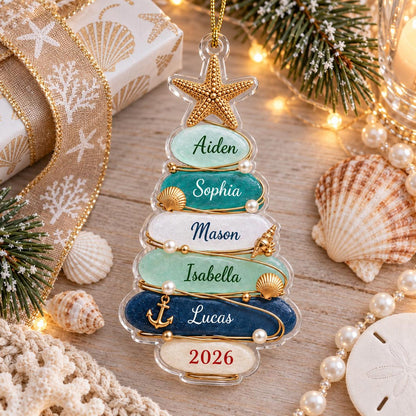 Personalized Sea Glass Tree Acrylic Ornament, Custom Name & Number Christmas Gift For Family 686442 WFD