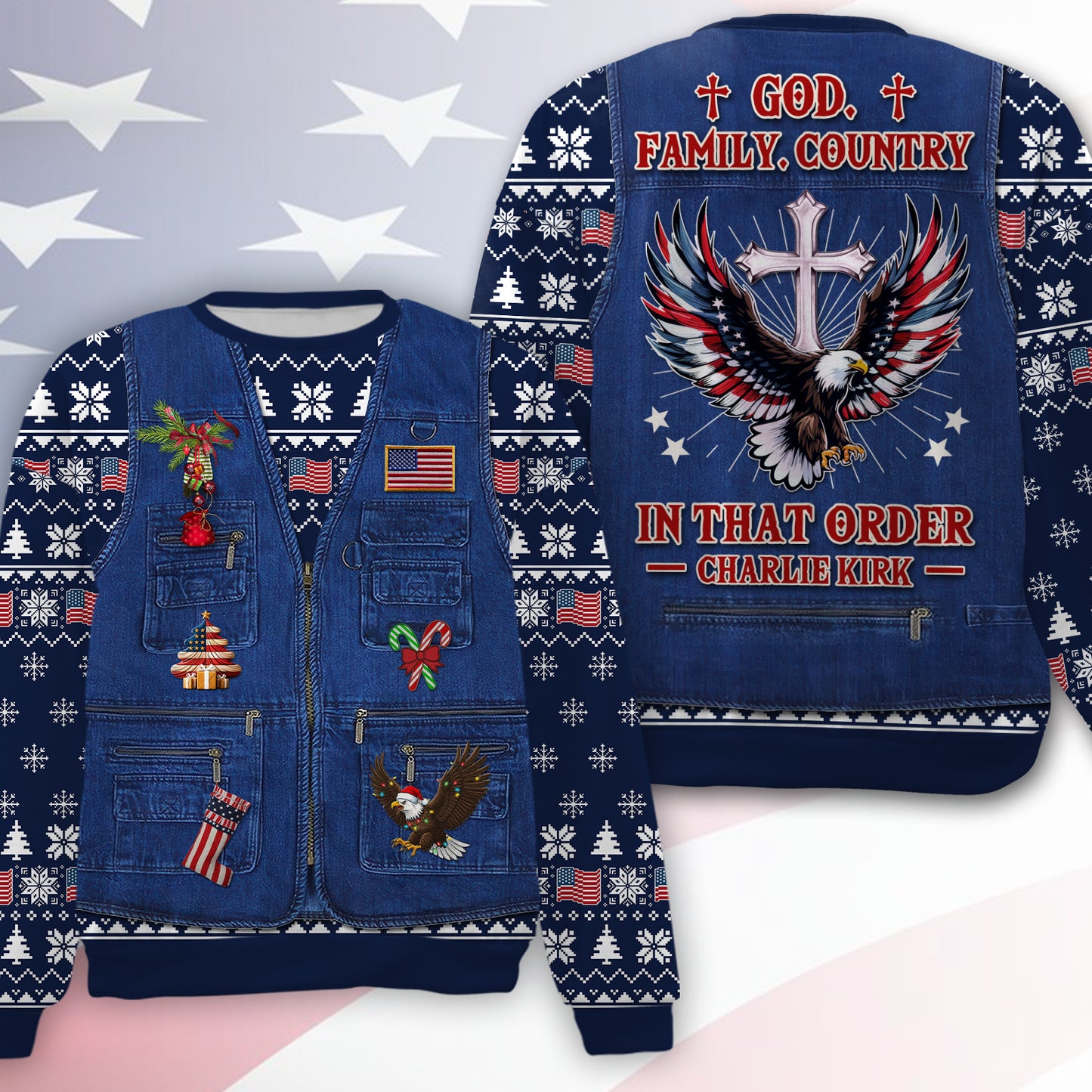 God Family Country Charlie Kirk Ugly Sweater | Justice Charlie Kirk All-Over-Printed Sweatshirt | Pray For Charlie Kirk Christmas Shirt 683617