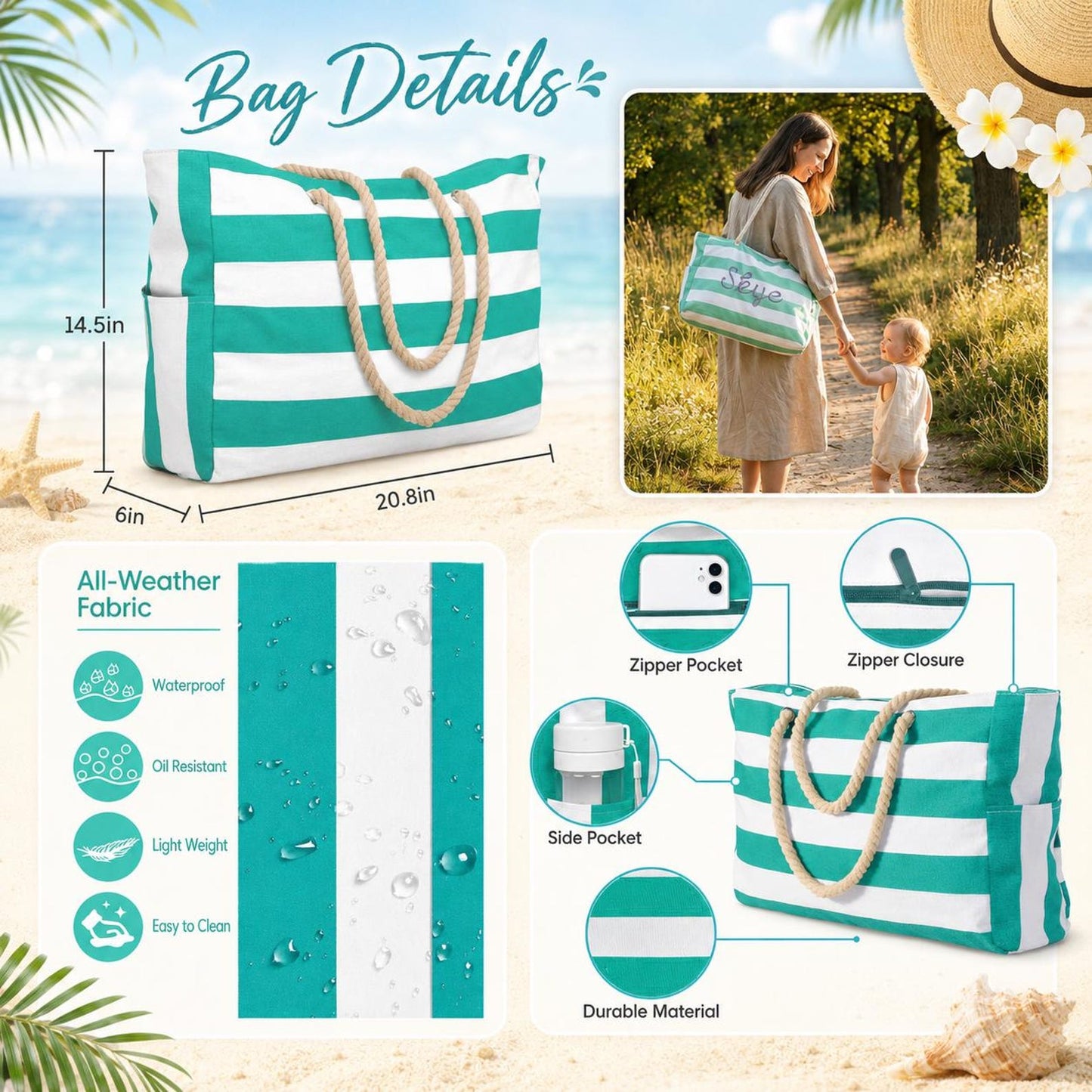 Custom Name Beach Bag With Zipper | Personalized Waterproof Pool Tote | Embroidered Girls Trip Bag | Summer Vacation Gift 685502