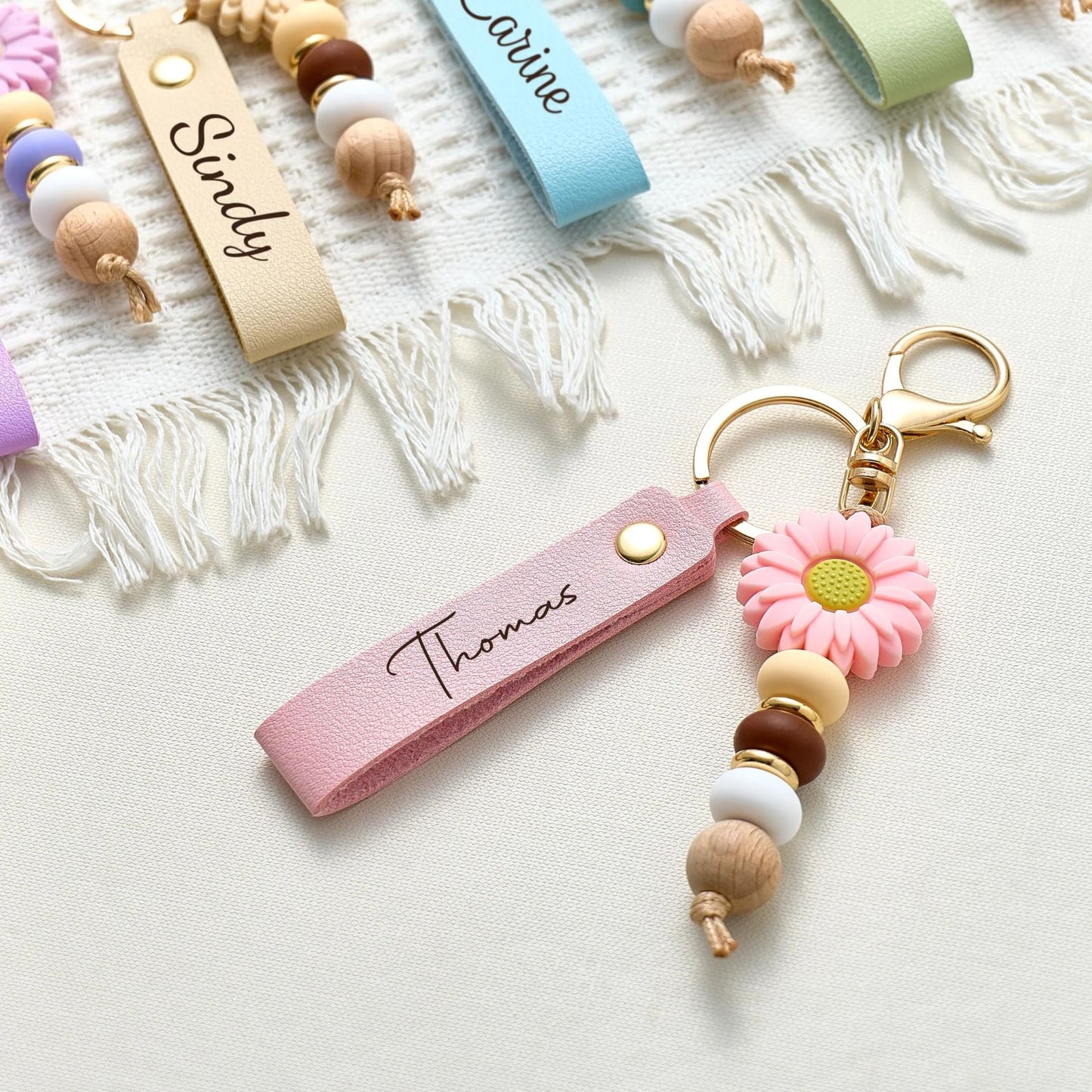 Daisy Beaded Keyring For Girls | Personalized Keychain | Faux Leather Keyring | Custom Name Keychain 684765