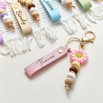 Daisy Beaded Keyring For Girls | Personalized Keychain | Faux Leather Keyring | Custom Name Keychain 684765