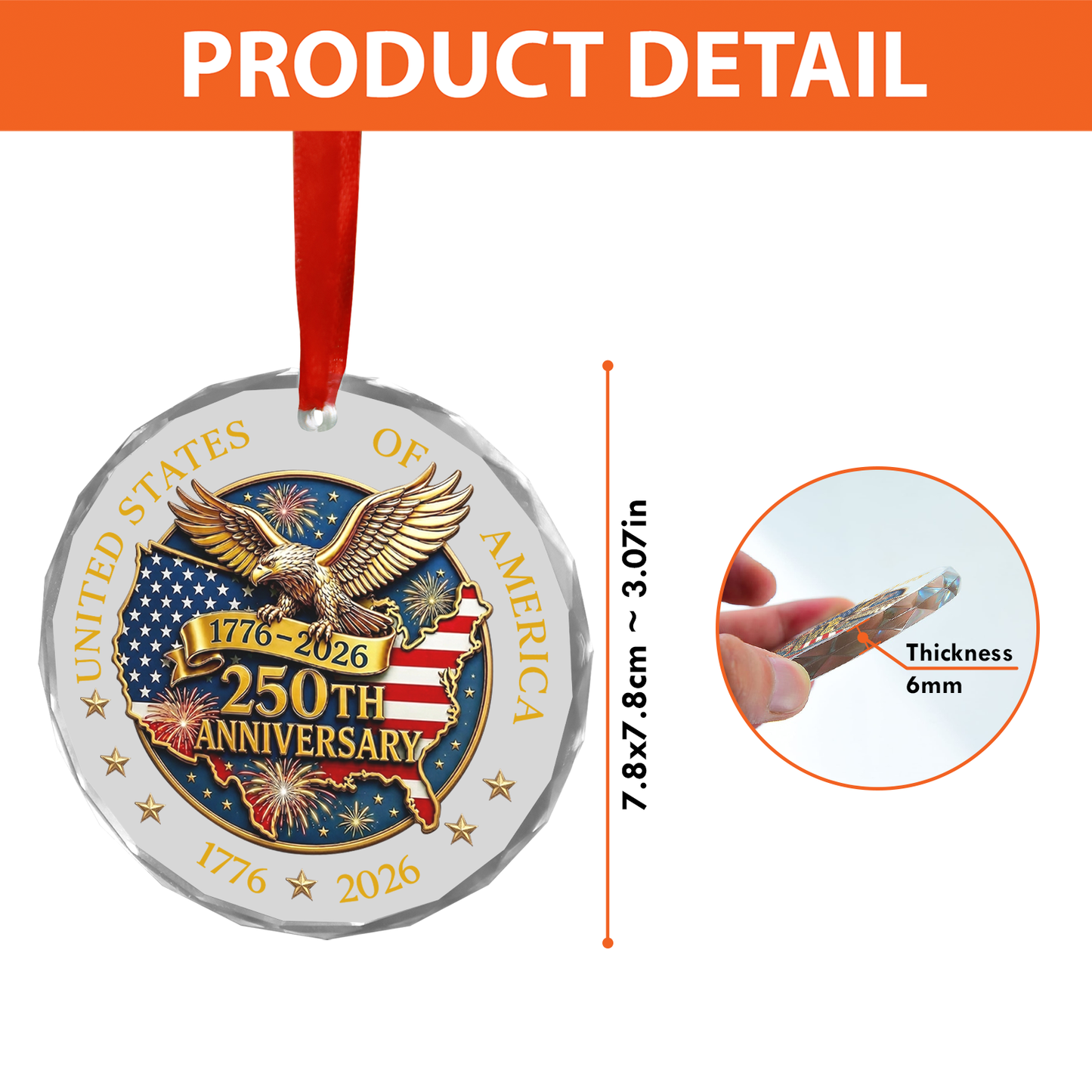 USA 250th Anniversary Glass Ornament, 1776-2026 Patriotic Eagle Ornament, 4th Of July Decorations 685788