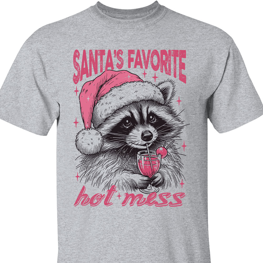Santa's Favorite Hot Mess Shirt, Funny Christmas Raccoon Sweater, Trendy Pink Christmas Sweatshirt T1640
