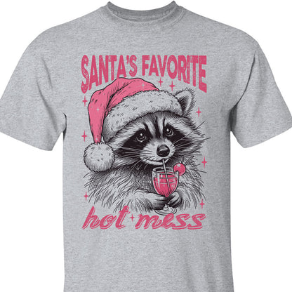 Santa's Favorite Hot Mess Shirt, Funny Christmas Raccoon Sweater, Trendy Pink Christmas Sweatshirt T1640