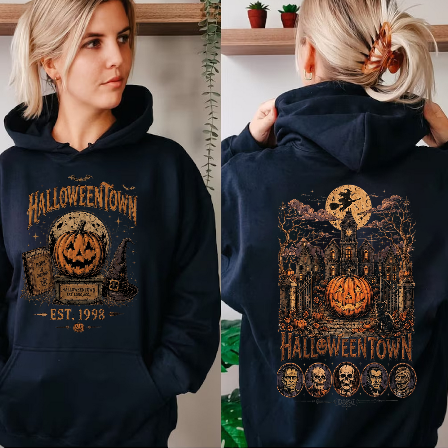 Retro Halloween Town Front & Back Dark Shirt, Vintage Halloween Tee, Trick Or Treat Fall Shirt 685860