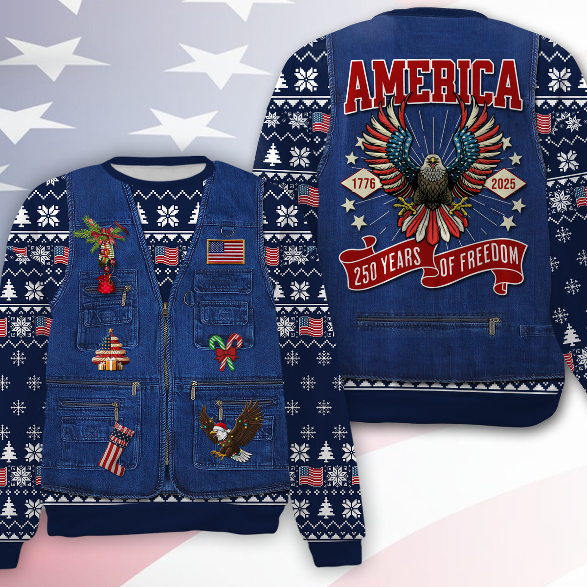 250 Years Of Freedom Ugly Sweater, 250 Years Of United States Anniversary Christmas All-Over-Printed Sweatshirt 683603