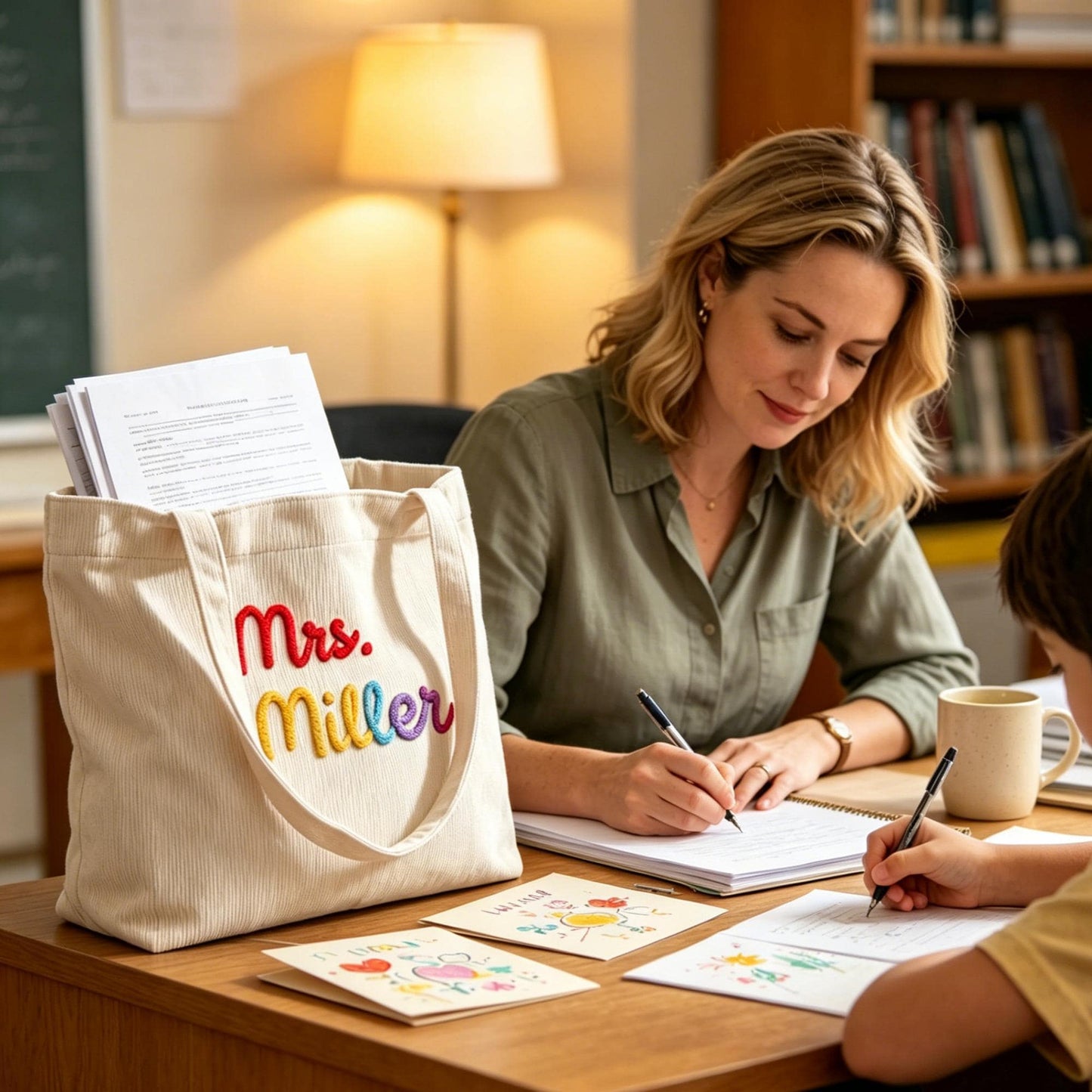 Personalized Corduroy Teacher Tote Bag, Custom Embroidered Name Tote, Back To School Gift For Teacher 685494