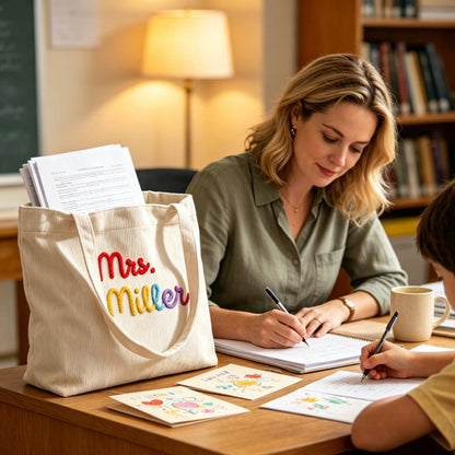 Personalized Corduroy Teacher Tote Bag, Custom Embroidered Name Tote, Back To School Gift For Teacher 685494