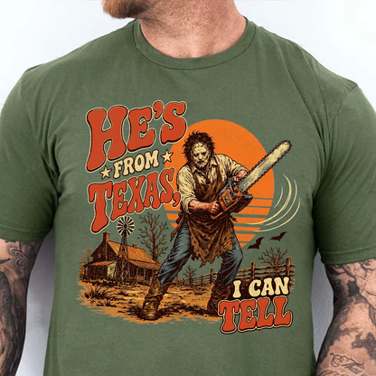 "He's From Texas I Can Tell" Halloween Shirt, Retro Horror Graphic Tee, Funny Halloween Gift 686147